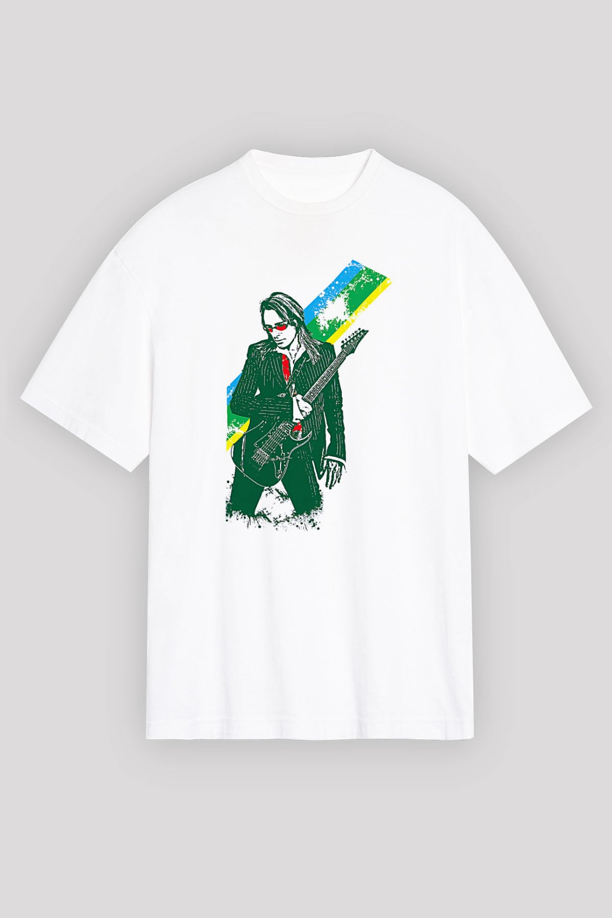 Steve Vai Baskılı Beyaz Unisex Oversize Tişört - Tshirt