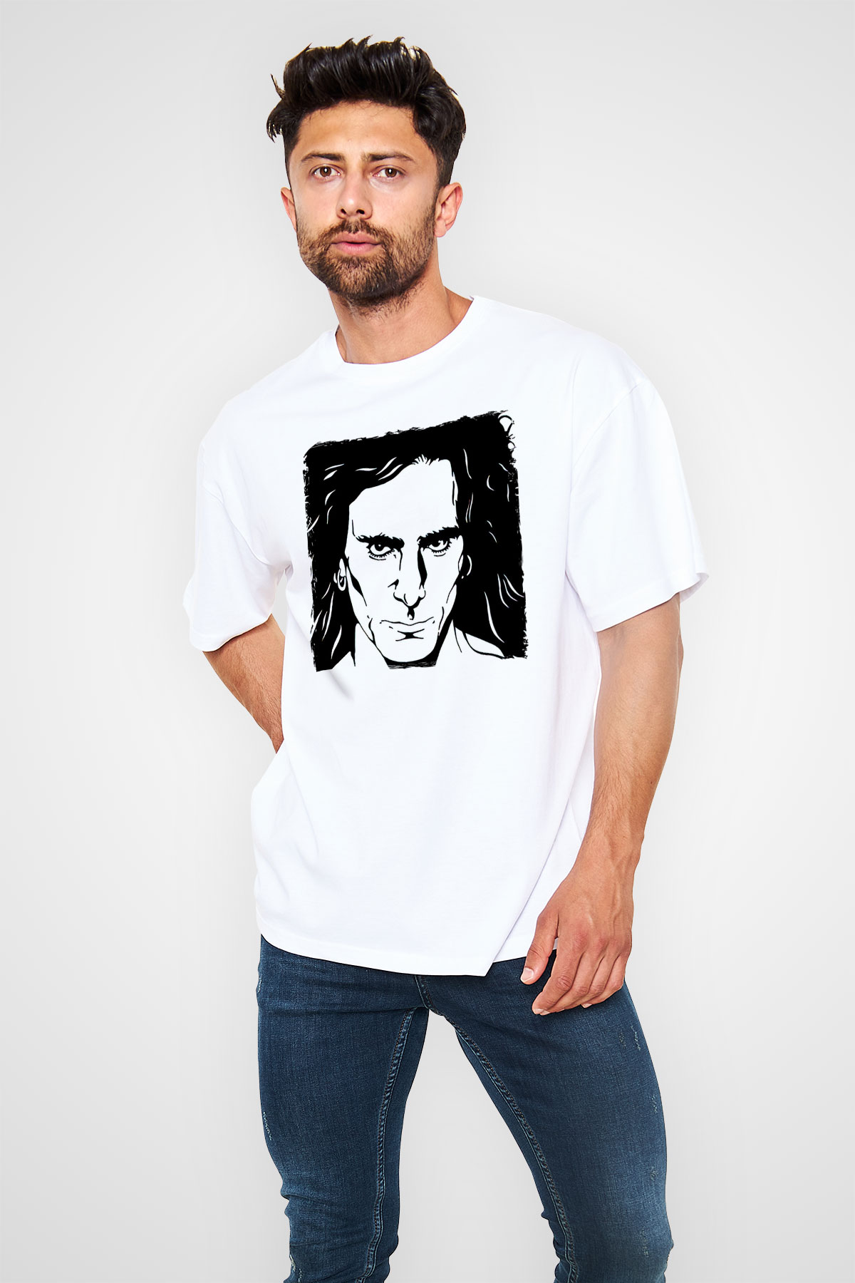 Steve Vai Baskılı Beyaz Unisex Oversize Tişört - Tshirt