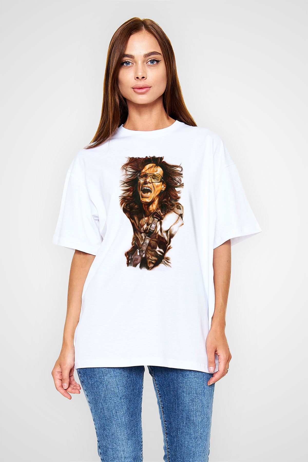 Steve Vai Baskılı Beyaz Unisex Oversize Tişört - Tshirt