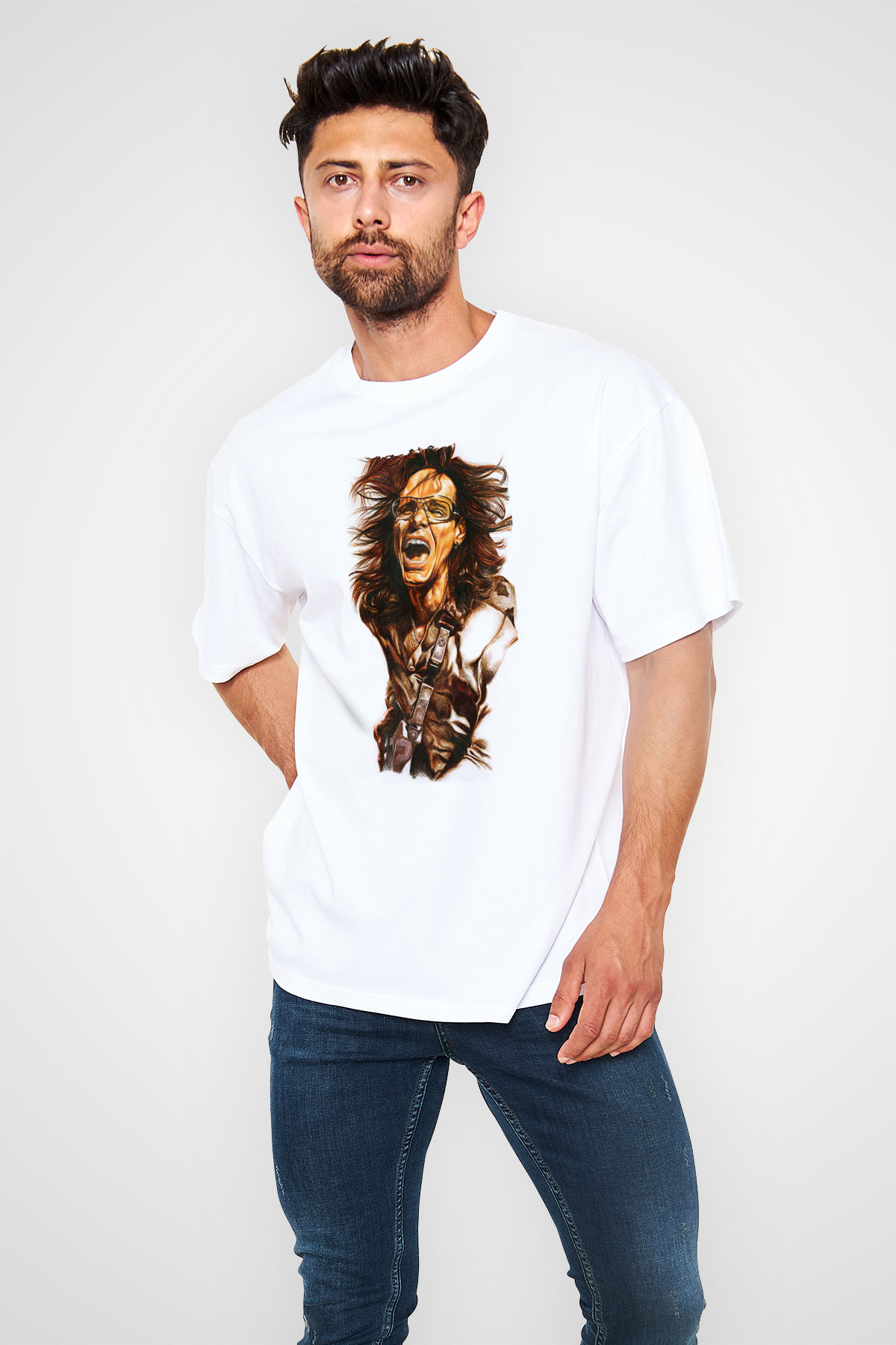 Steve Vai Baskılı Beyaz Unisex Oversize Tişört - Tshirt