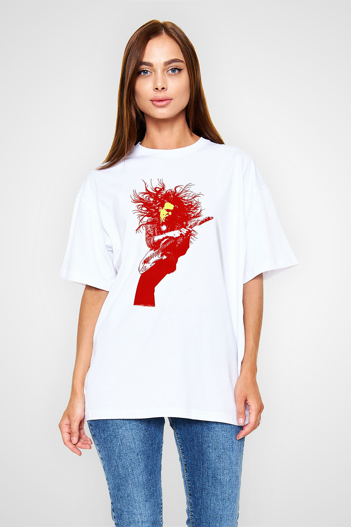 Steve Vai Baskılı Beyaz Unisex Oversize Tişört - Tshirt