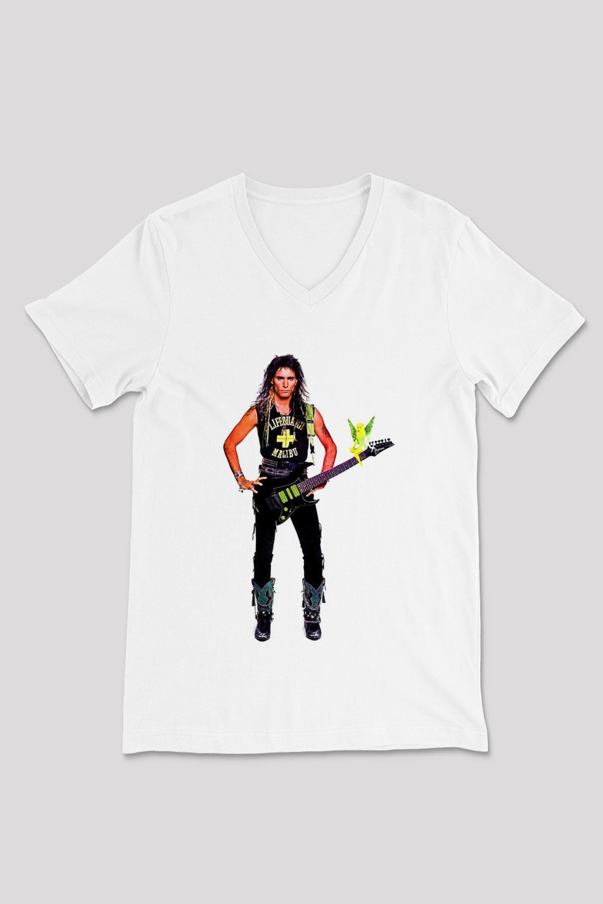 Steve Vai Baskılı Beyaz Unisex V Yaka Tişört - Tshirt