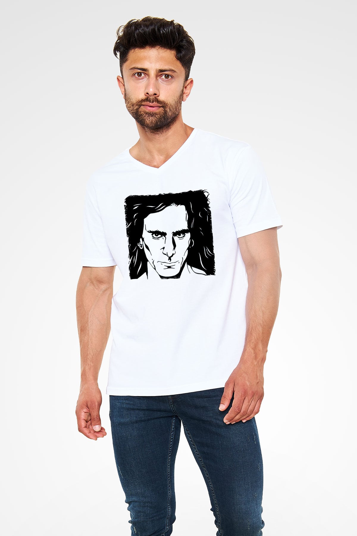 Steve Vai Baskılı Beyaz Unisex V Yaka Tişört - Tshirt