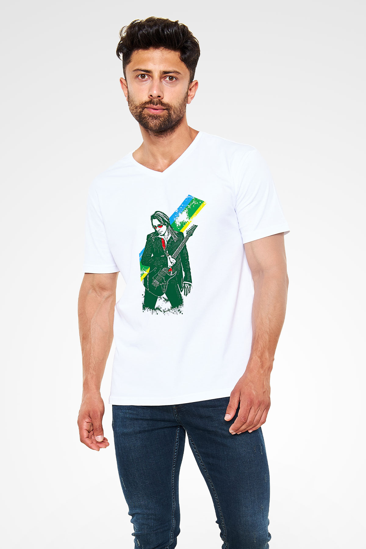 Steve Vai Baskılı Beyaz Unisex V Yaka Tişört - Tshirt