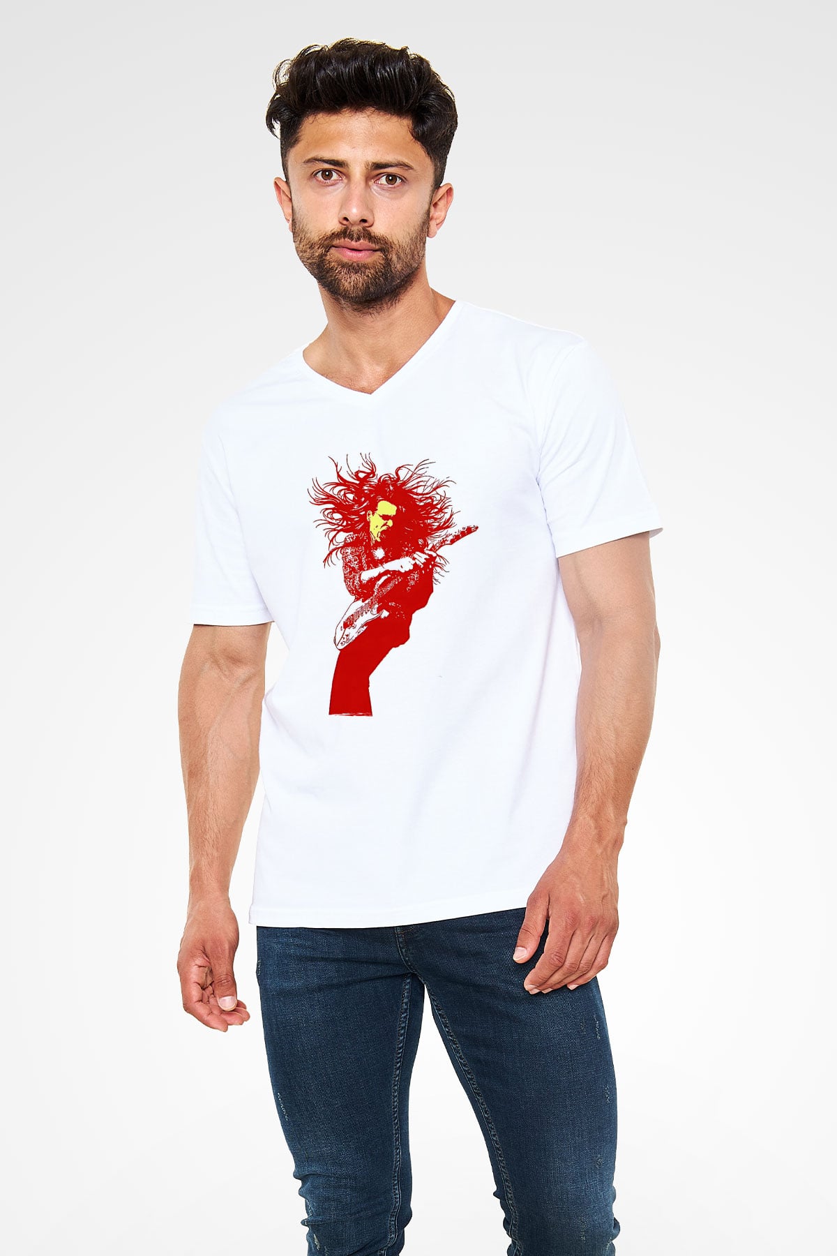 Steve Vai Baskılı Beyaz Unisex V Yaka Tişört - Tshirt