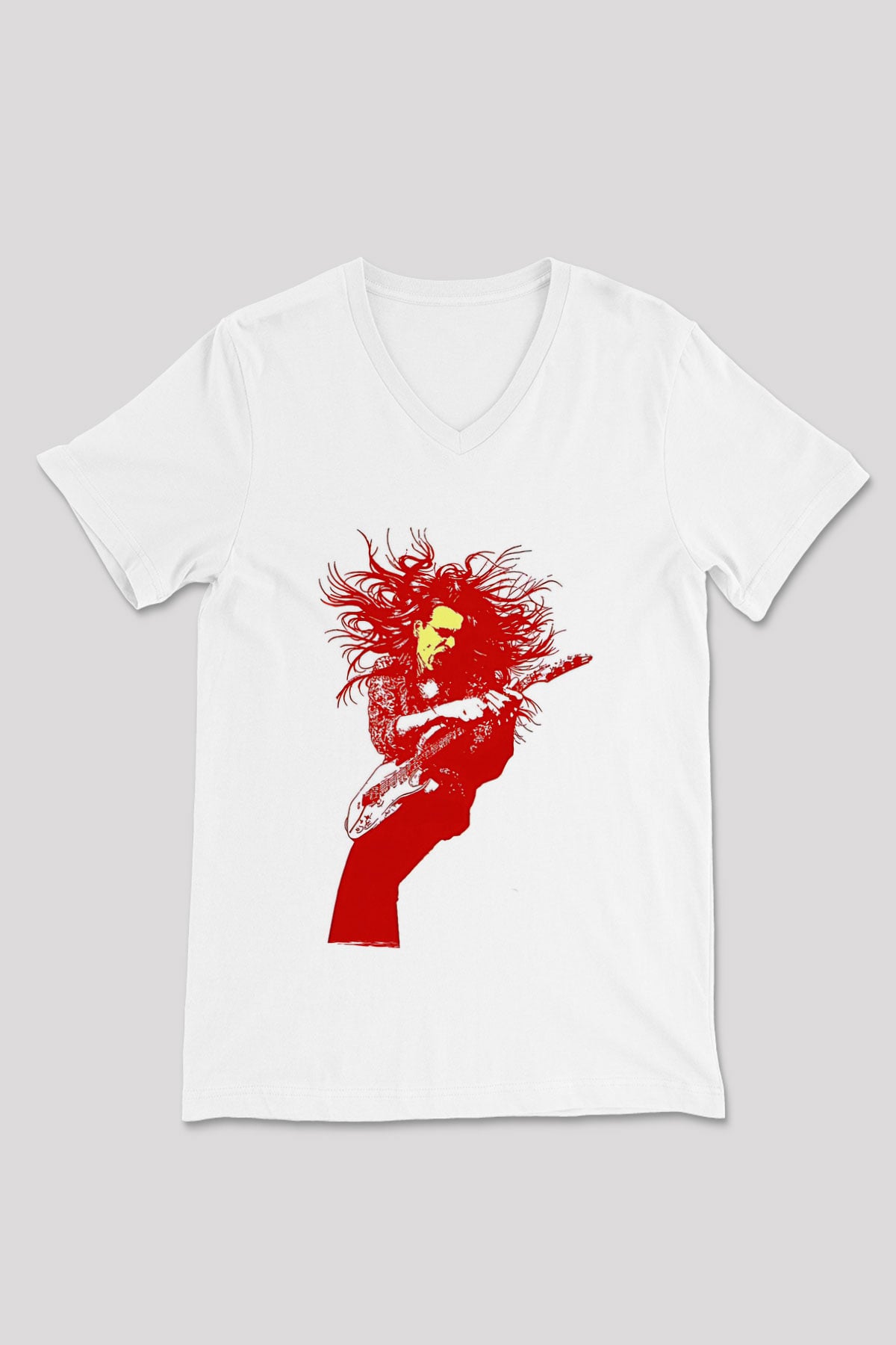 Steve Vai Baskılı Beyaz Unisex V Yaka Tişört - Tshirt