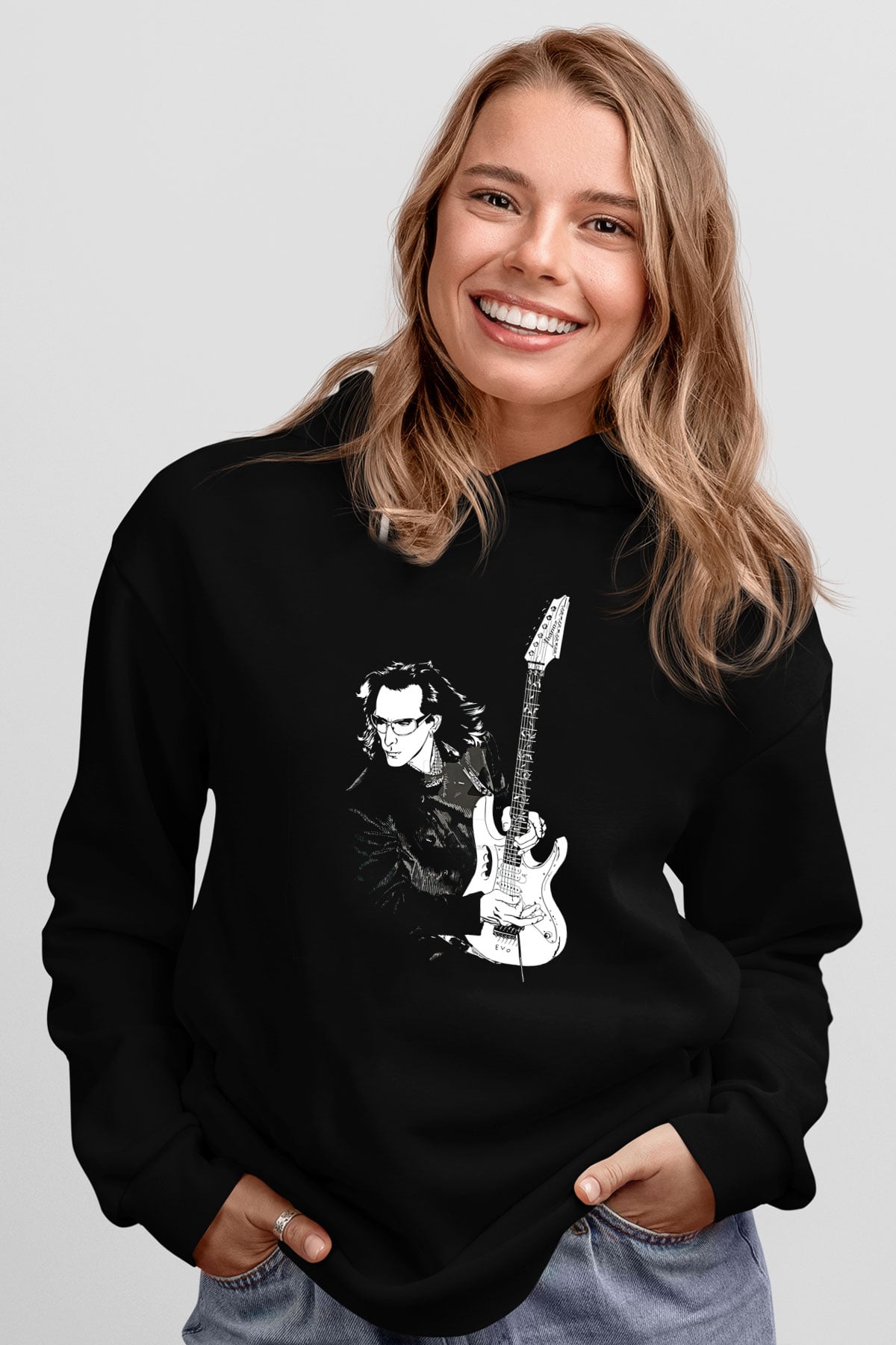 Steve Vai Baskılı Unisex Siyah Kapüşonlu Sweatshirt