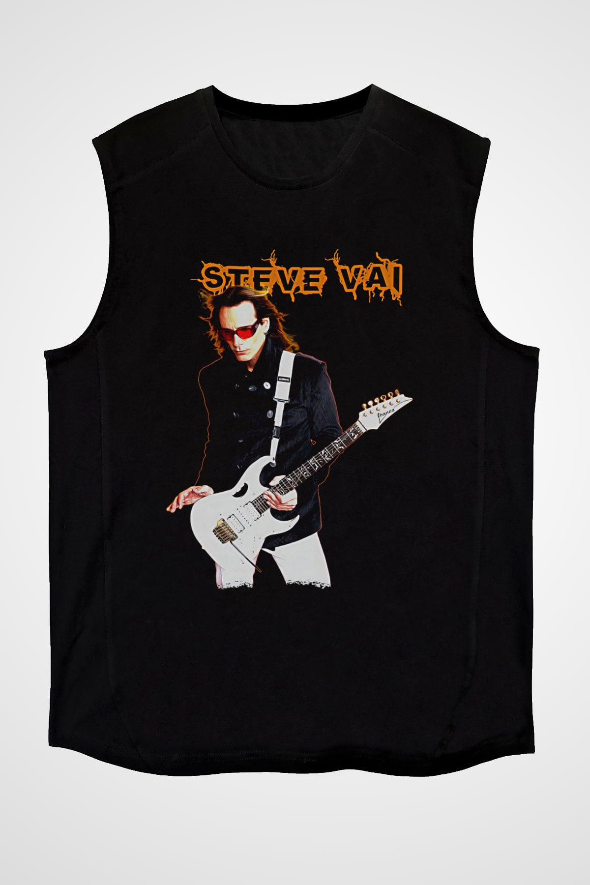 Steve Vai Baskılı Unisex Siyah Kolsuz Tişört - Tshirt