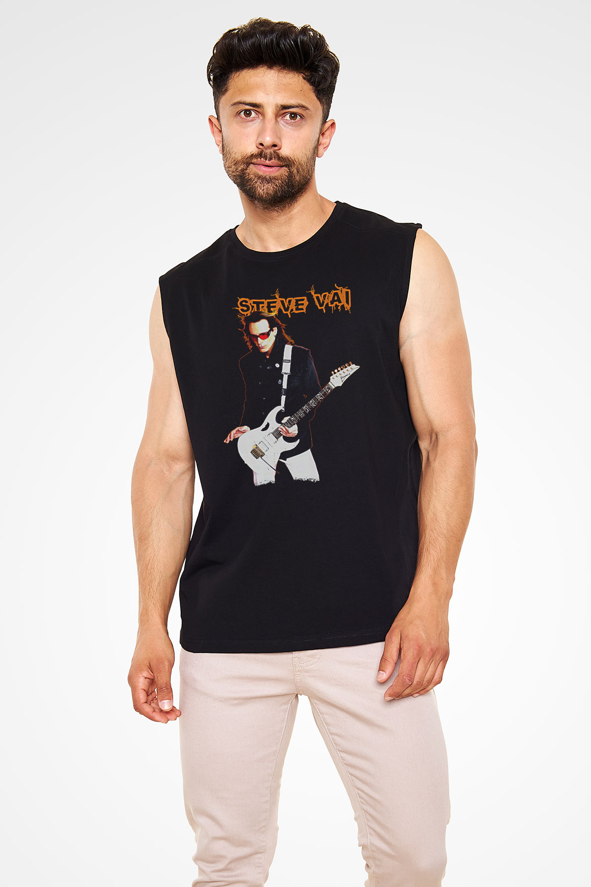 Steve Vai Baskılı Unisex Siyah Kolsuz Tişört - Tshirt