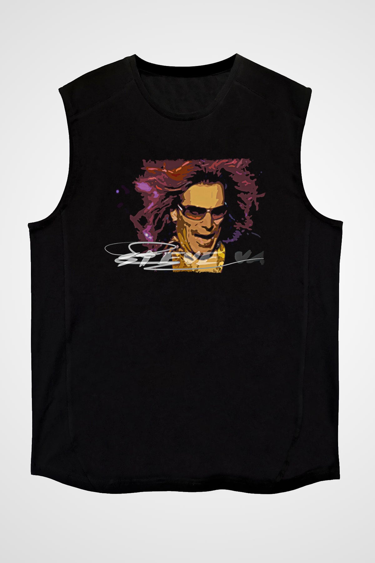 Steve Vai Baskılı Unisex Siyah Kolsuz Tişört - Tshirt