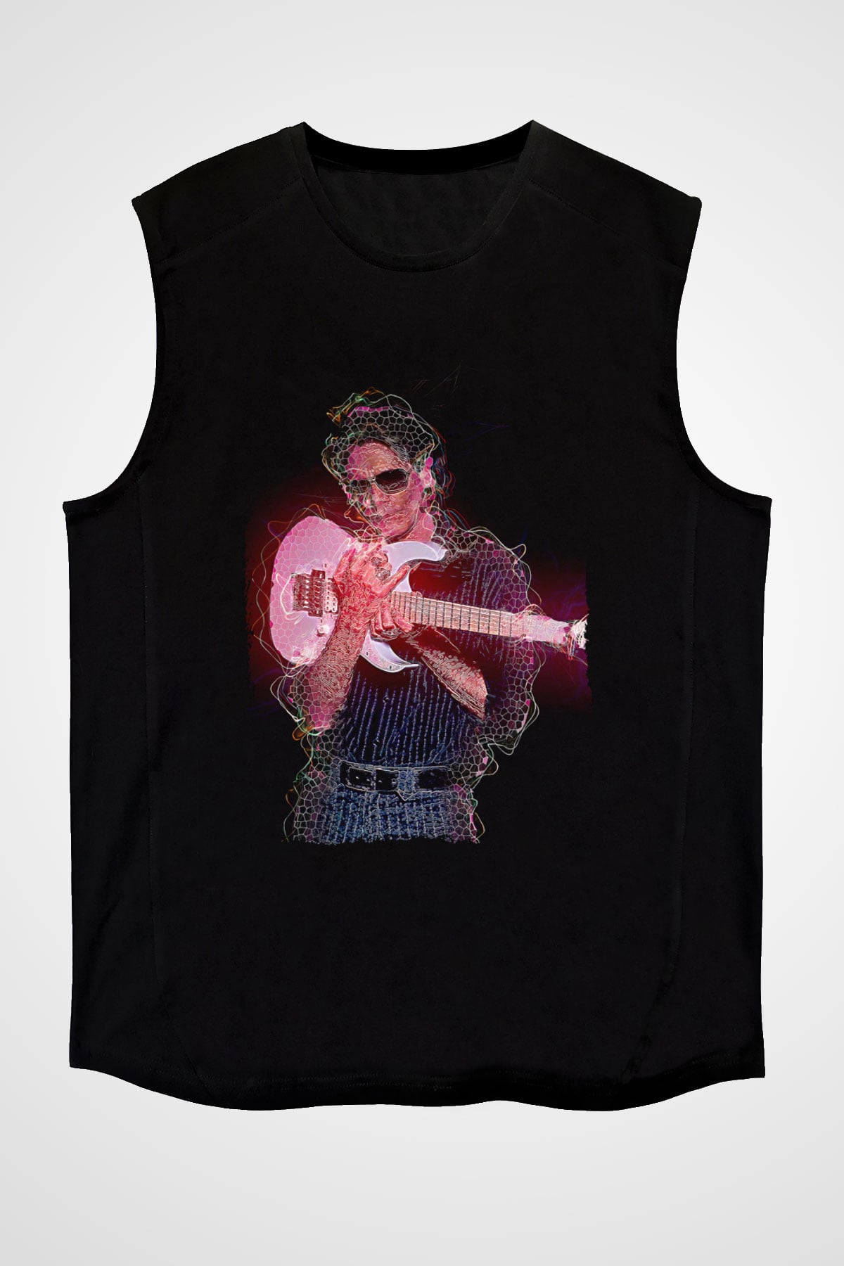 Steve Vai Baskılı Unisex Siyah Kolsuz Tişört - Tshirt