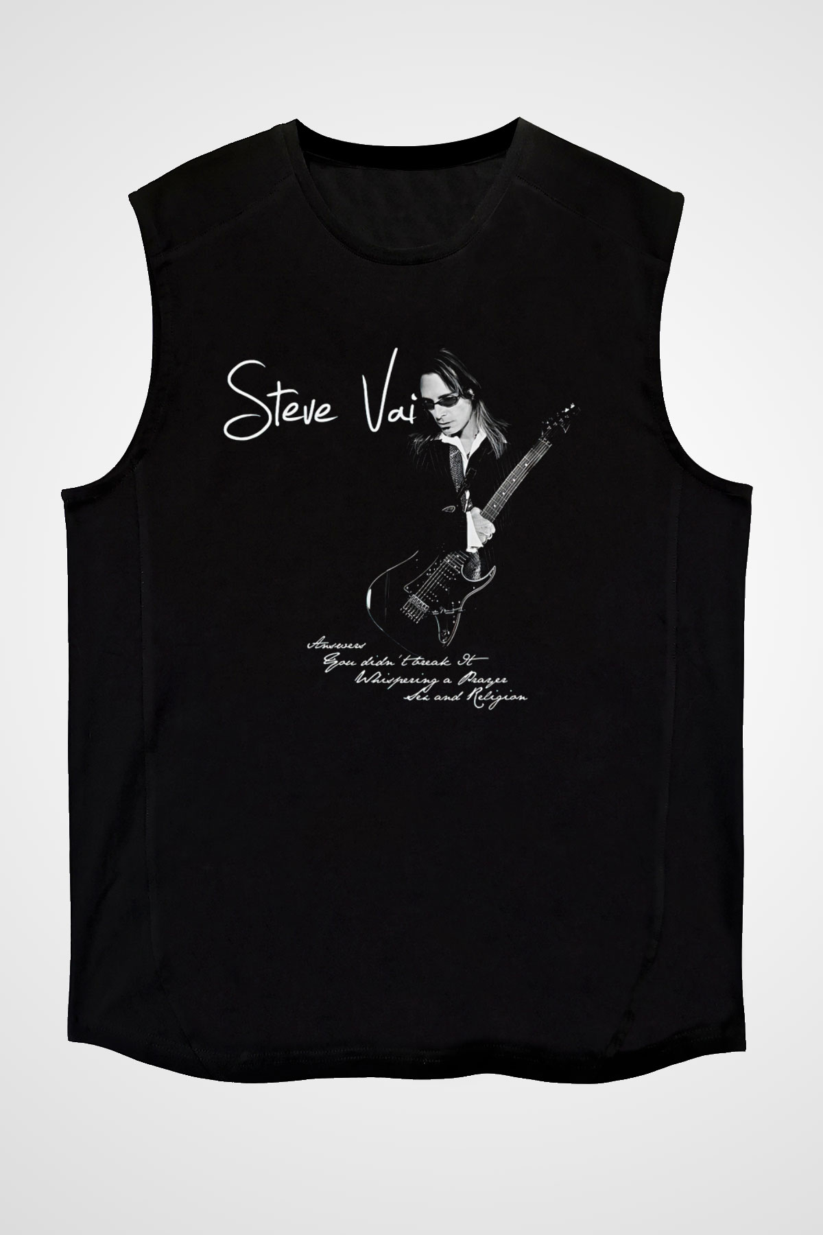 Steve Vai Baskılı Unisex Siyah Kolsuz Tişört - Tshirt
