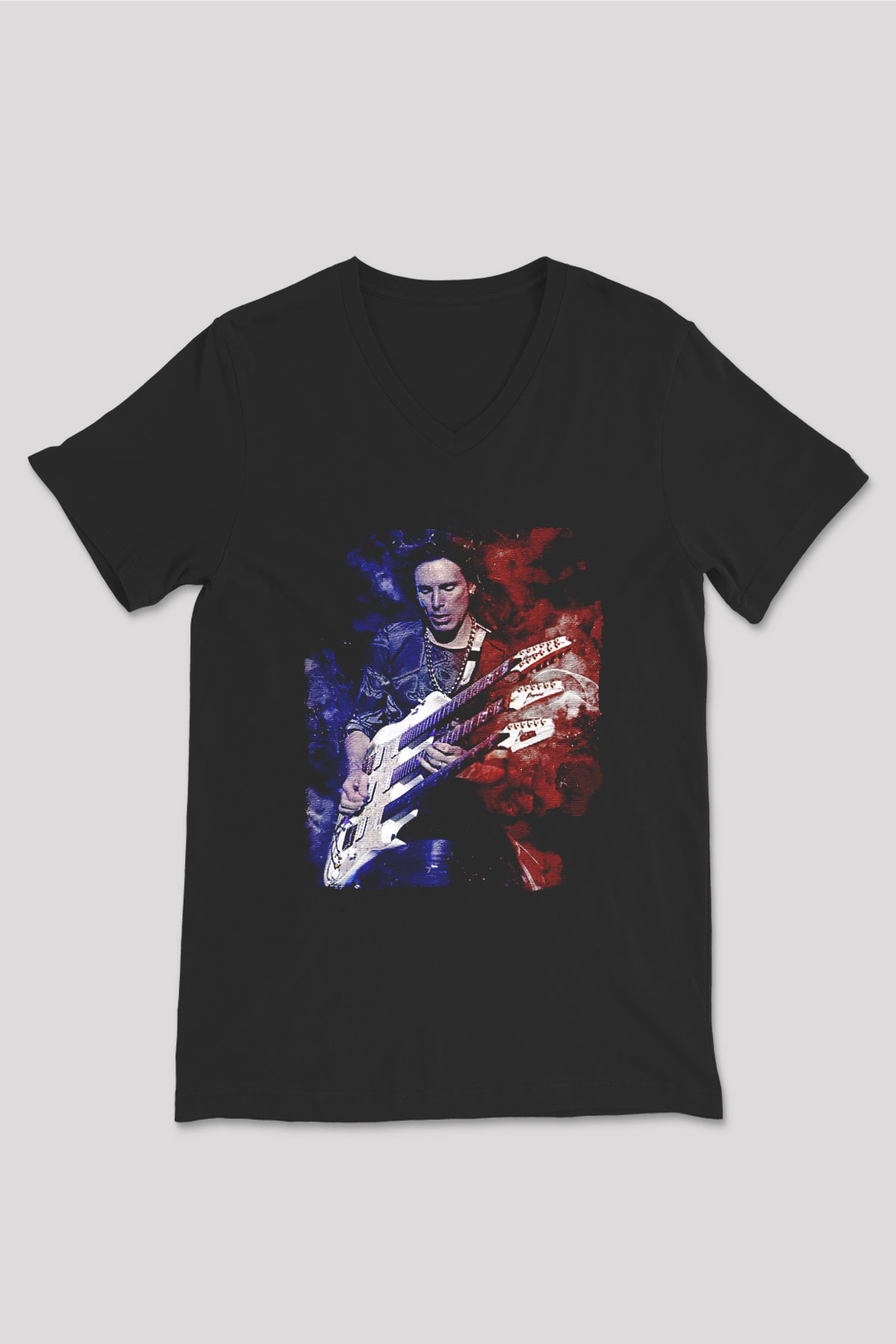 Steve Vai Baskılı Unisex Siyah V Yaka Tişört - Tshirt