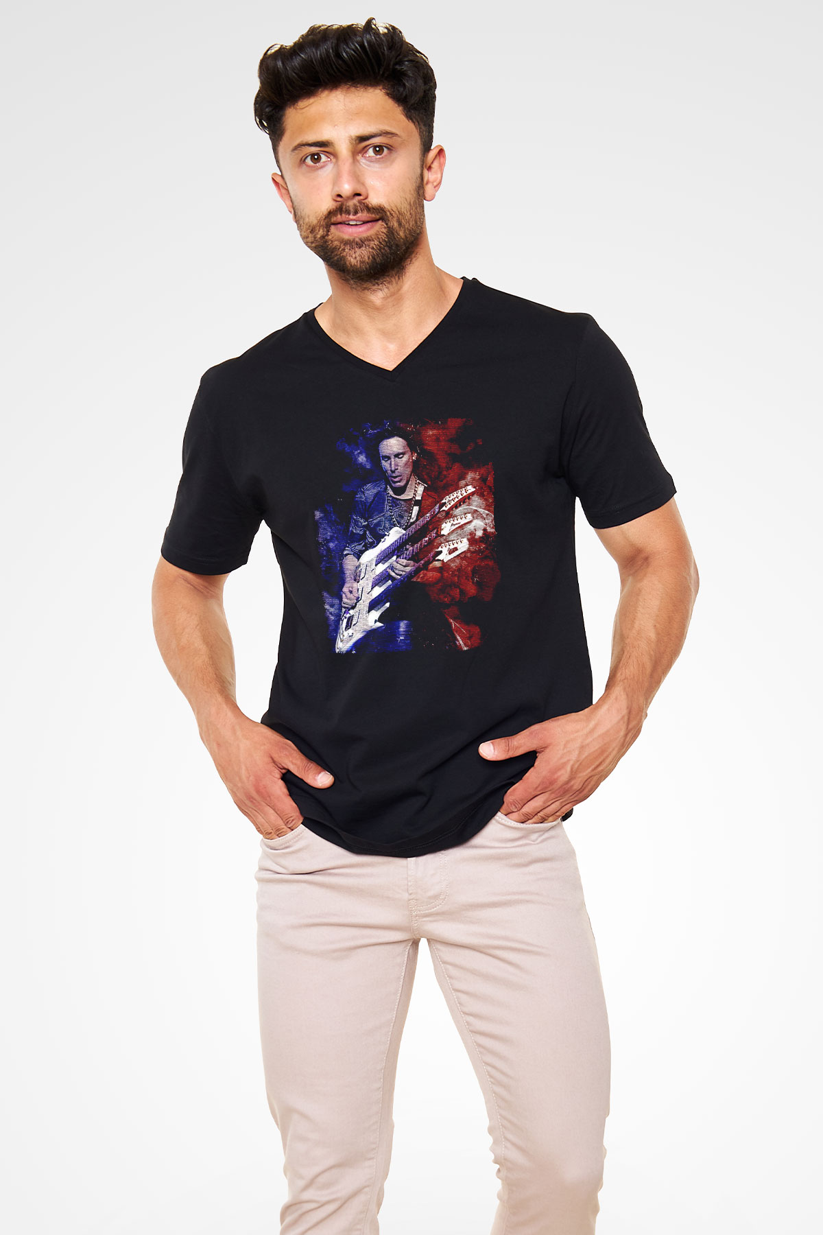 Steve Vai Baskılı Unisex Siyah V Yaka Tişört - Tshirt