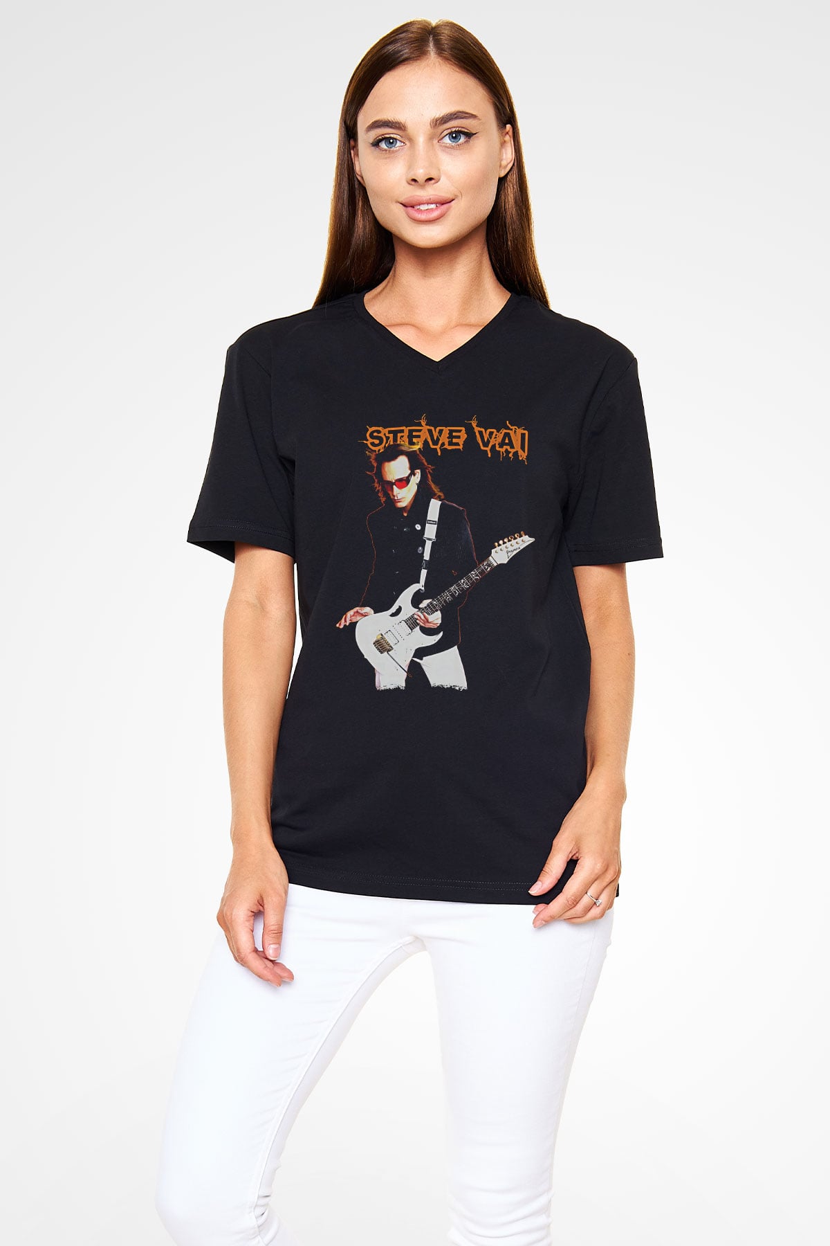 Steve Vai Baskılı Unisex Siyah V Yaka Tişört - Tshirt