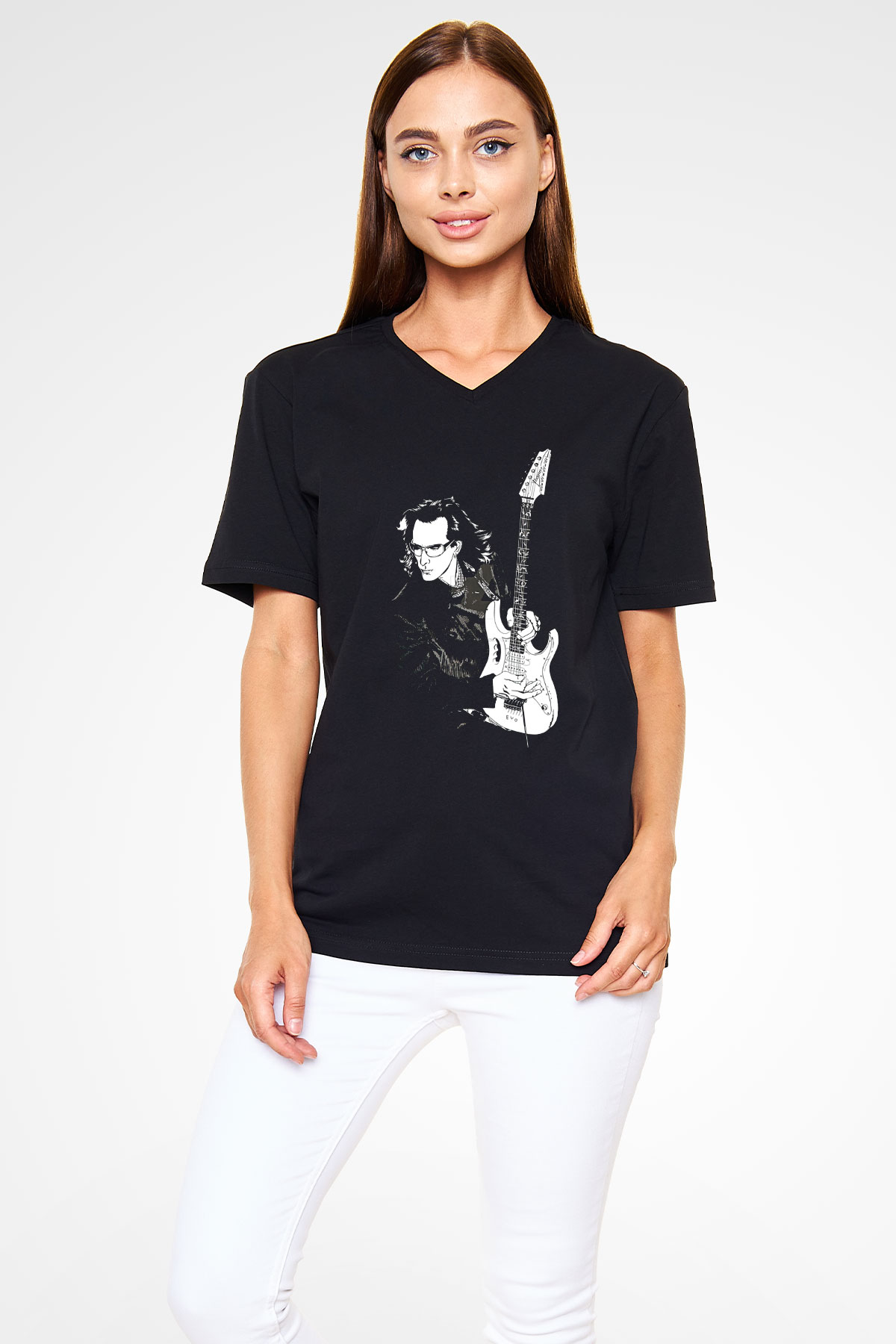 Steve Vai Baskılı Unisex Siyah V Yaka Tişört - Tshirt
