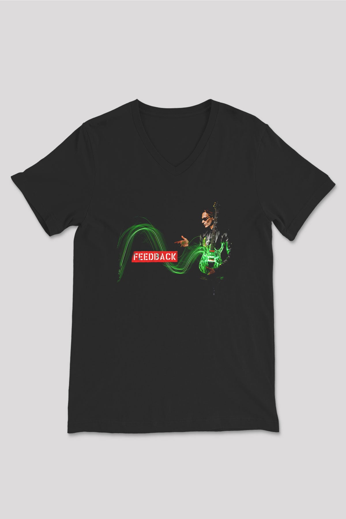 Steve Vai Baskılı Unisex Siyah V Yaka Tişört - Tshirt