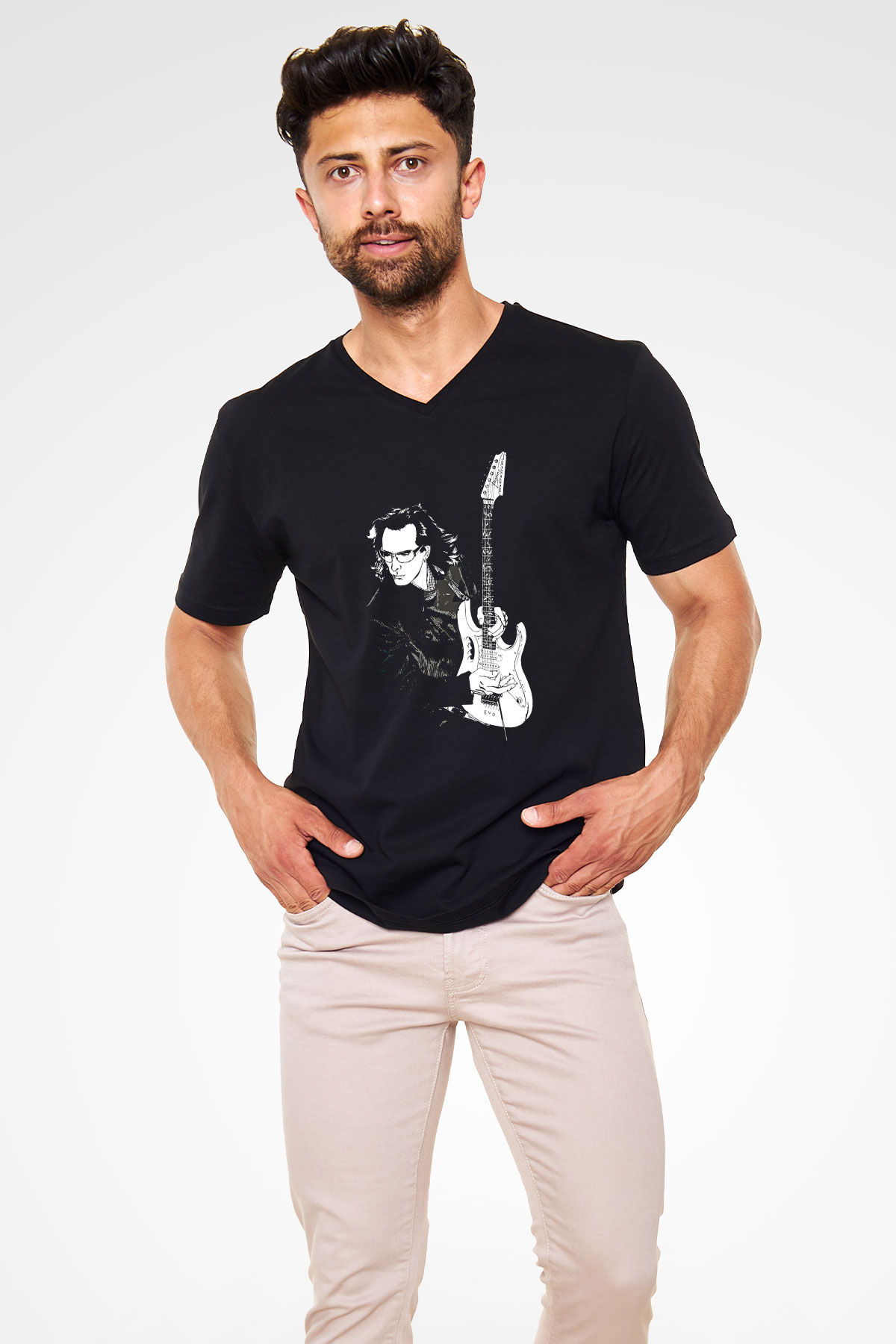 Steve Vai Baskılı Unisex Siyah V Yaka Tişört - Tshirt