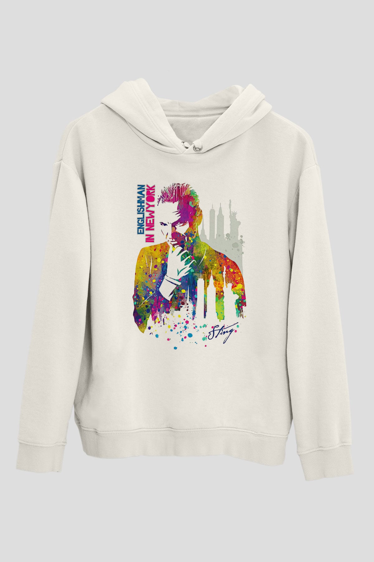 Sting Baskılı Beyaz Unisex Kapüşonlu Sweatshirt