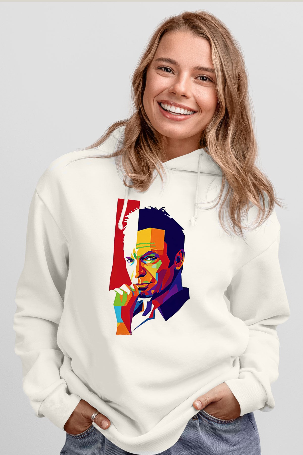 Sting Baskılı Beyaz Unisex Kapüşonlu Sweatshirt