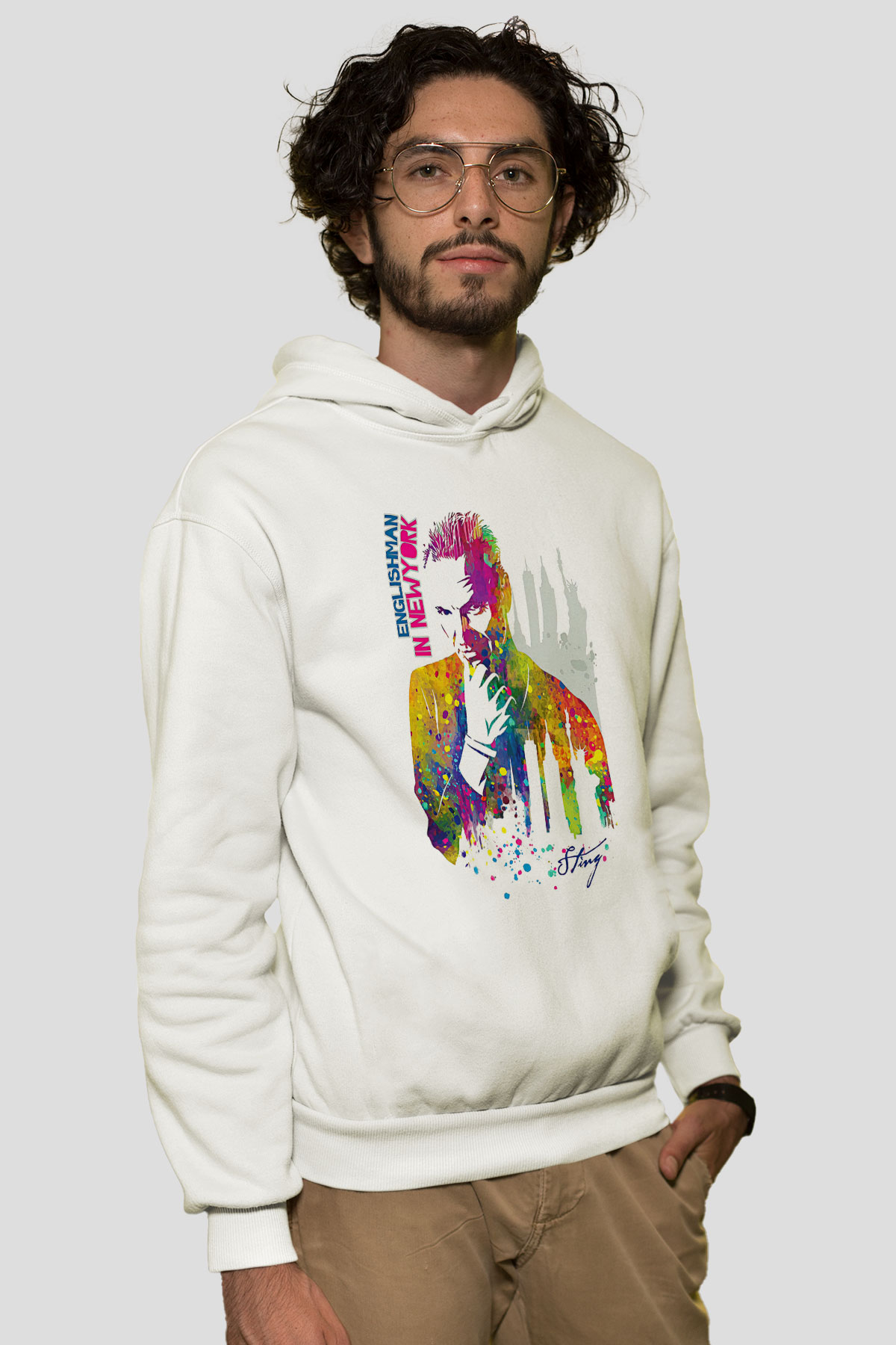 Sting Baskılı Beyaz Unisex Kapüşonlu Sweatshirt