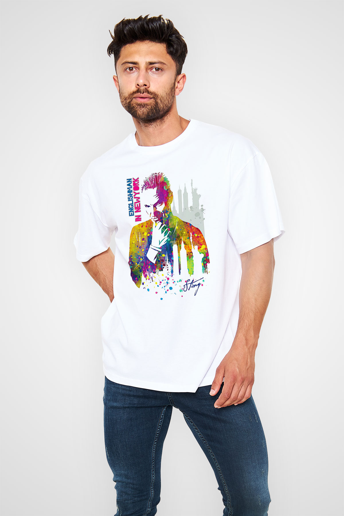 Sting Baskılı Beyaz Unisex Oversize Tişört - Tshirt