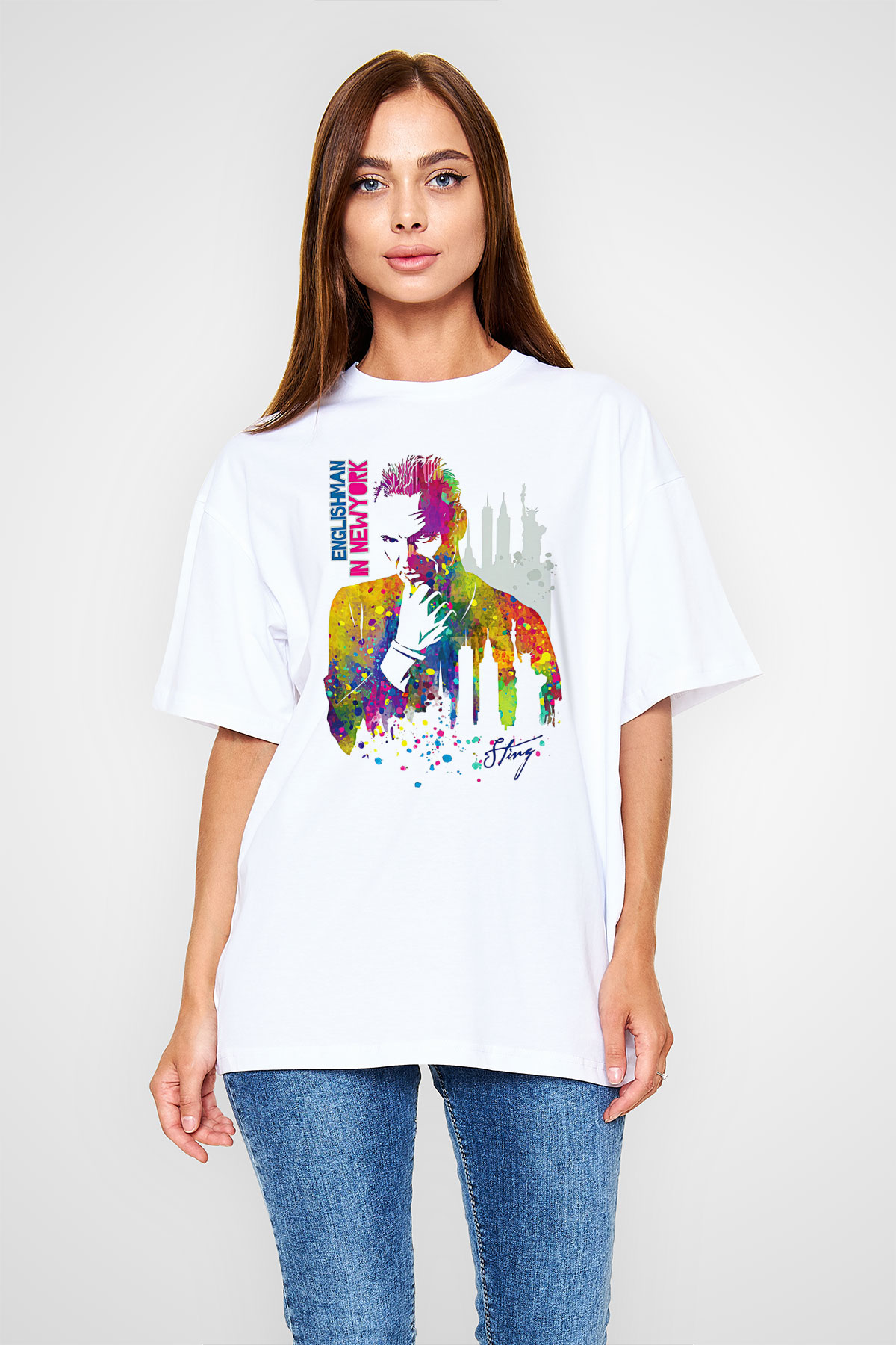 Sting Baskılı Beyaz Unisex Oversize Tişört - Tshirt
