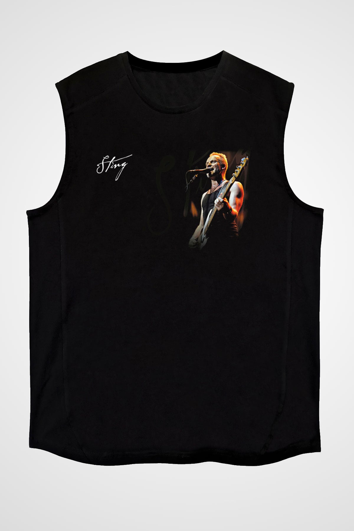Sting Baskılı Unisex Siyah Kolsuz Tişört - Tshirt
