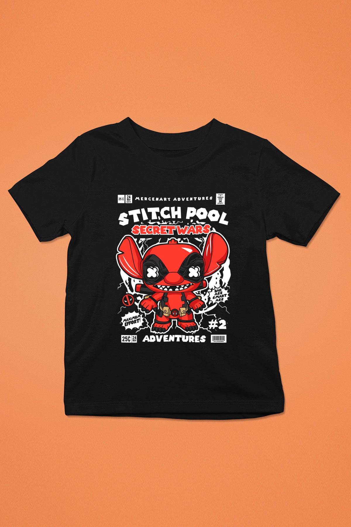 Stitch Pool Secret Wars Baskılı Unisex Siyah Çocuk Tişört