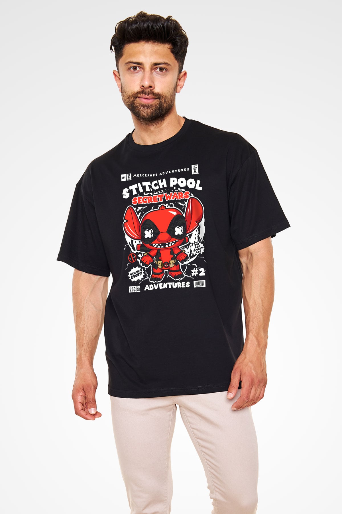 Stitch Pool Secret Wars Baskılı Unisex Siyah Oversize Tişört