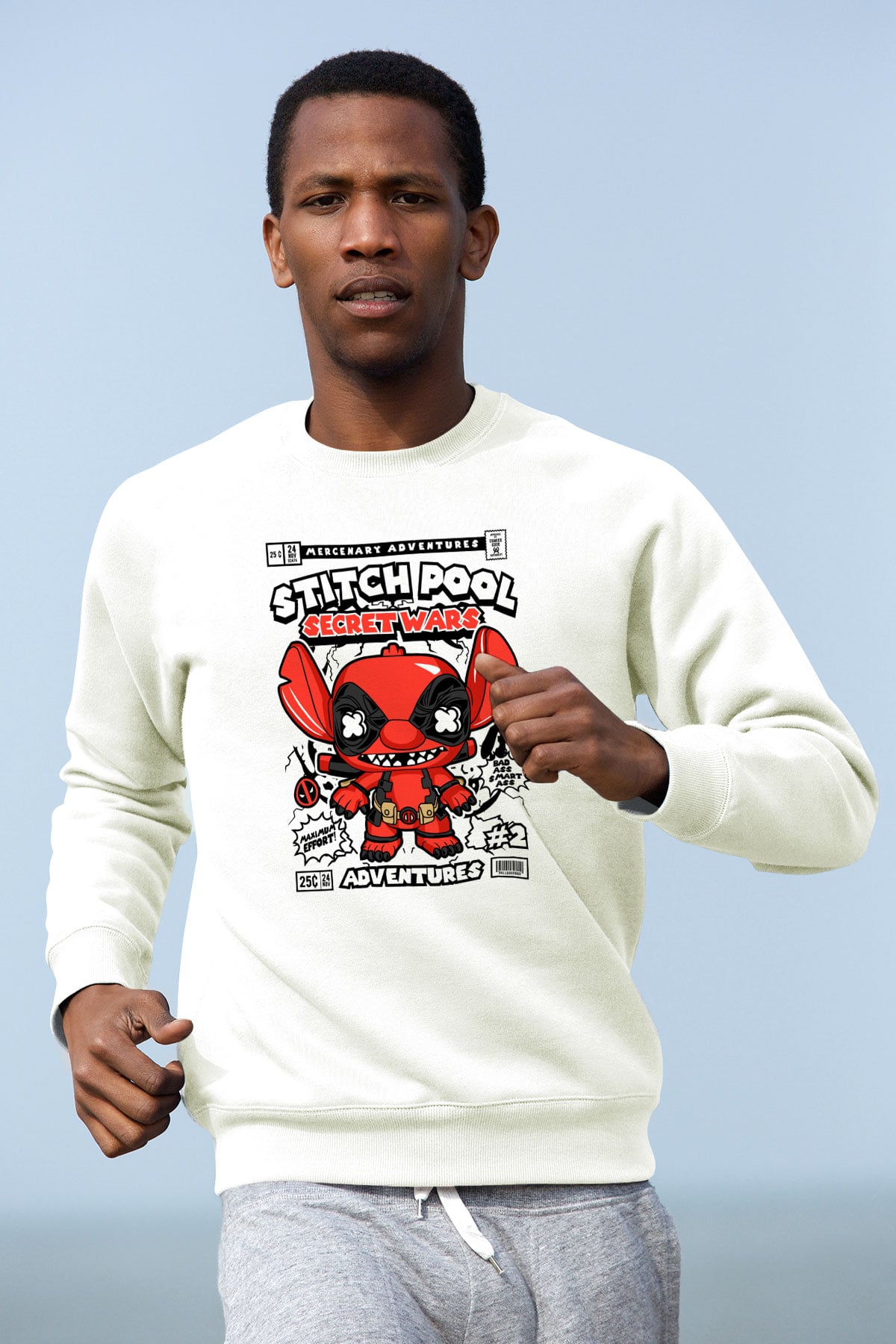 Stitch Pool Secret Wars Baskılı Unisex Beyaz Sweatshirt