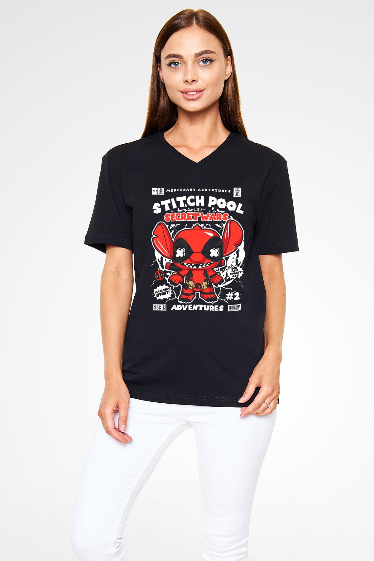 Stitch Pool Secret Wars Baskılı Unisex Siyah V Yaka Tişört