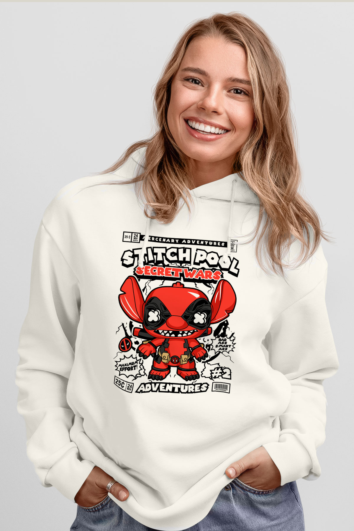 Stitch Pool Secret Wars Baskılı Unisex Beyaz Hoodie