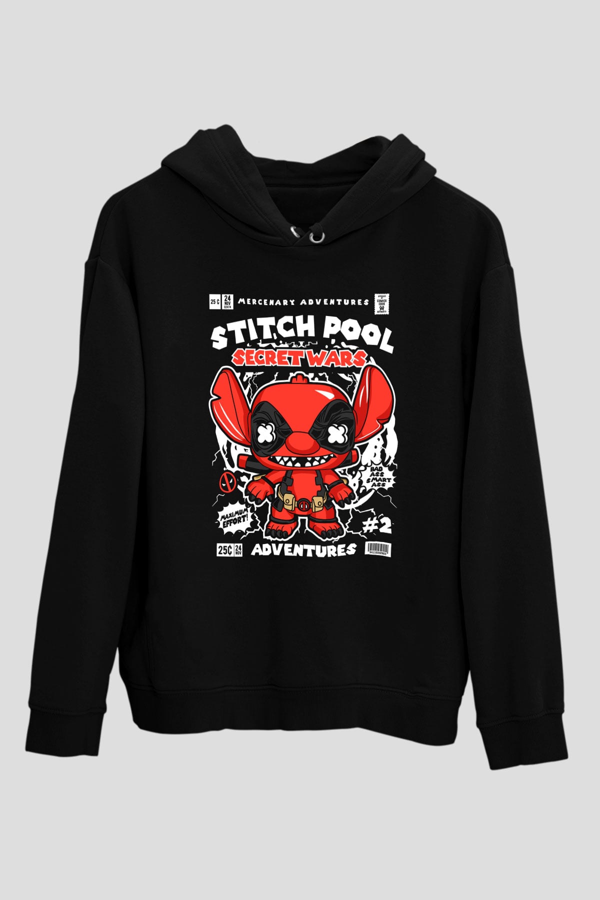 Stitch Pool Secret Wars Baskılı Unisex Siyah Hoodie