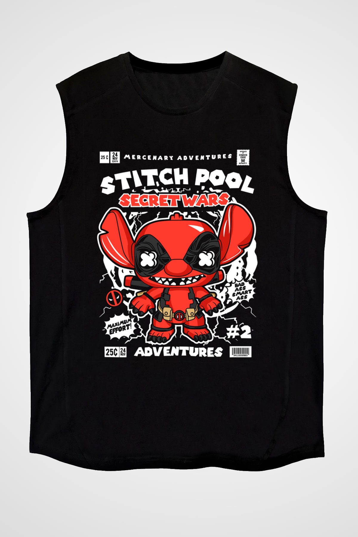 Stitch Pool Secret Wars Baskılı Unisex Siyah Kolsuz Tişört