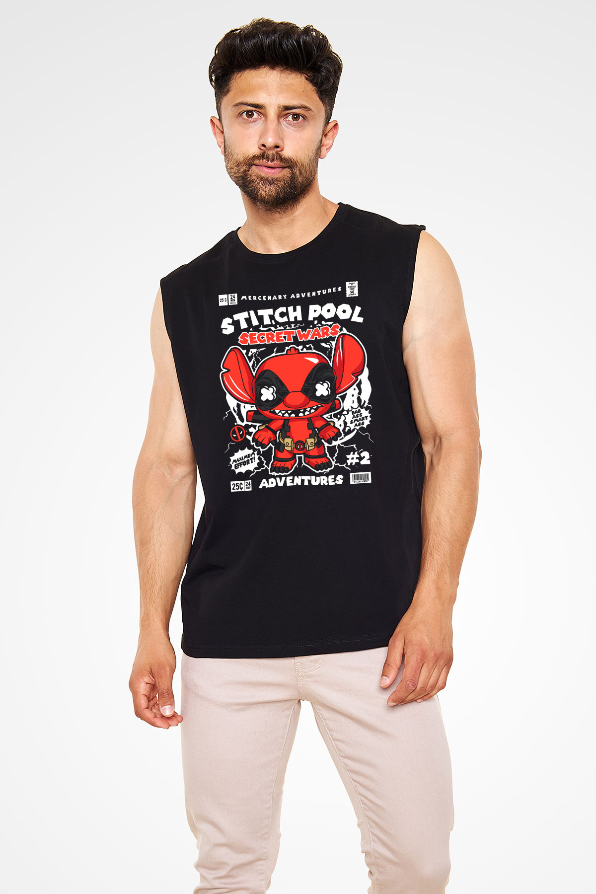 Stitch Pool Secret Wars Baskılı Unisex Siyah Kolsuz Tişört