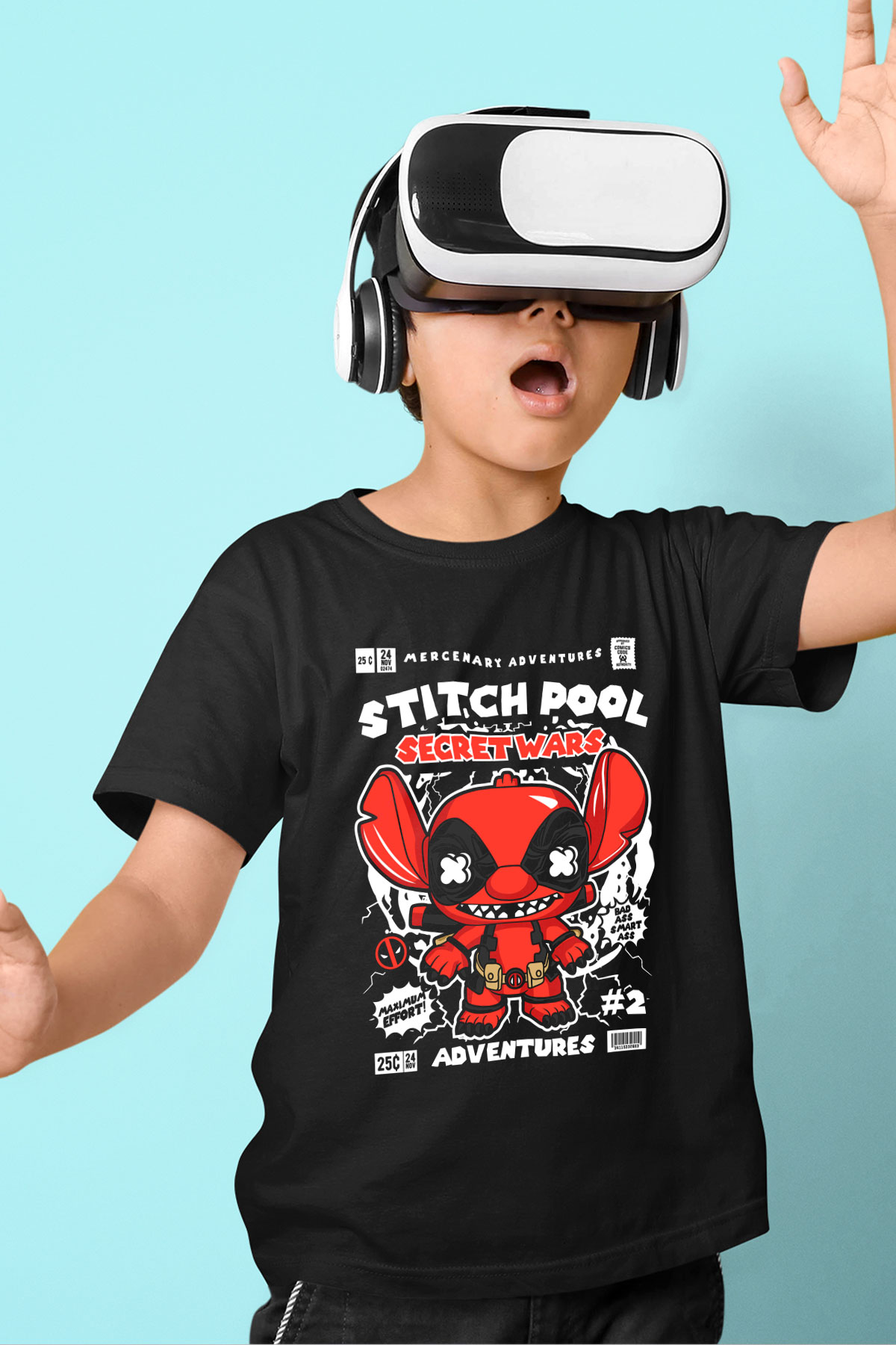 Stitch Pool Secret Wars Baskılı Unisex Siyah Çocuk Tişört