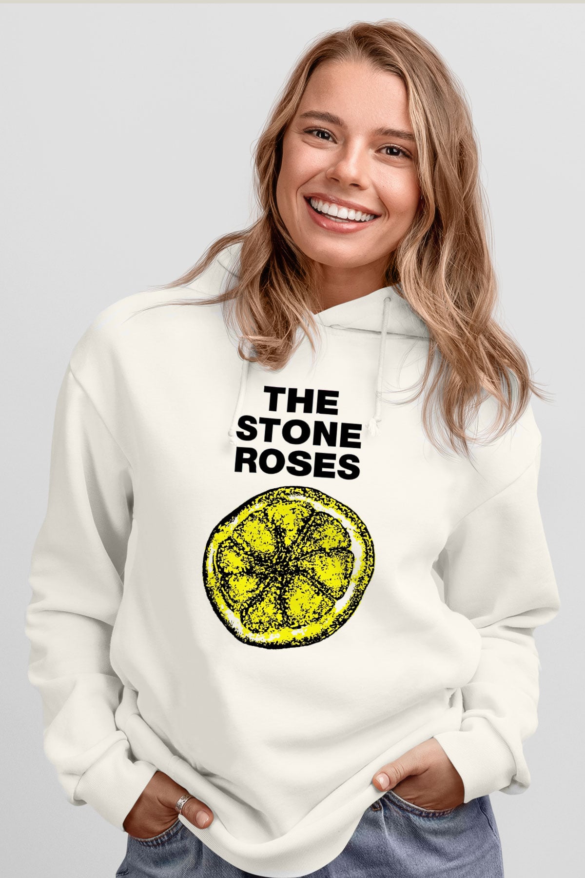 Stone Roses Baskılı Beyaz Unisex Kapüşonlu Sweatshirt