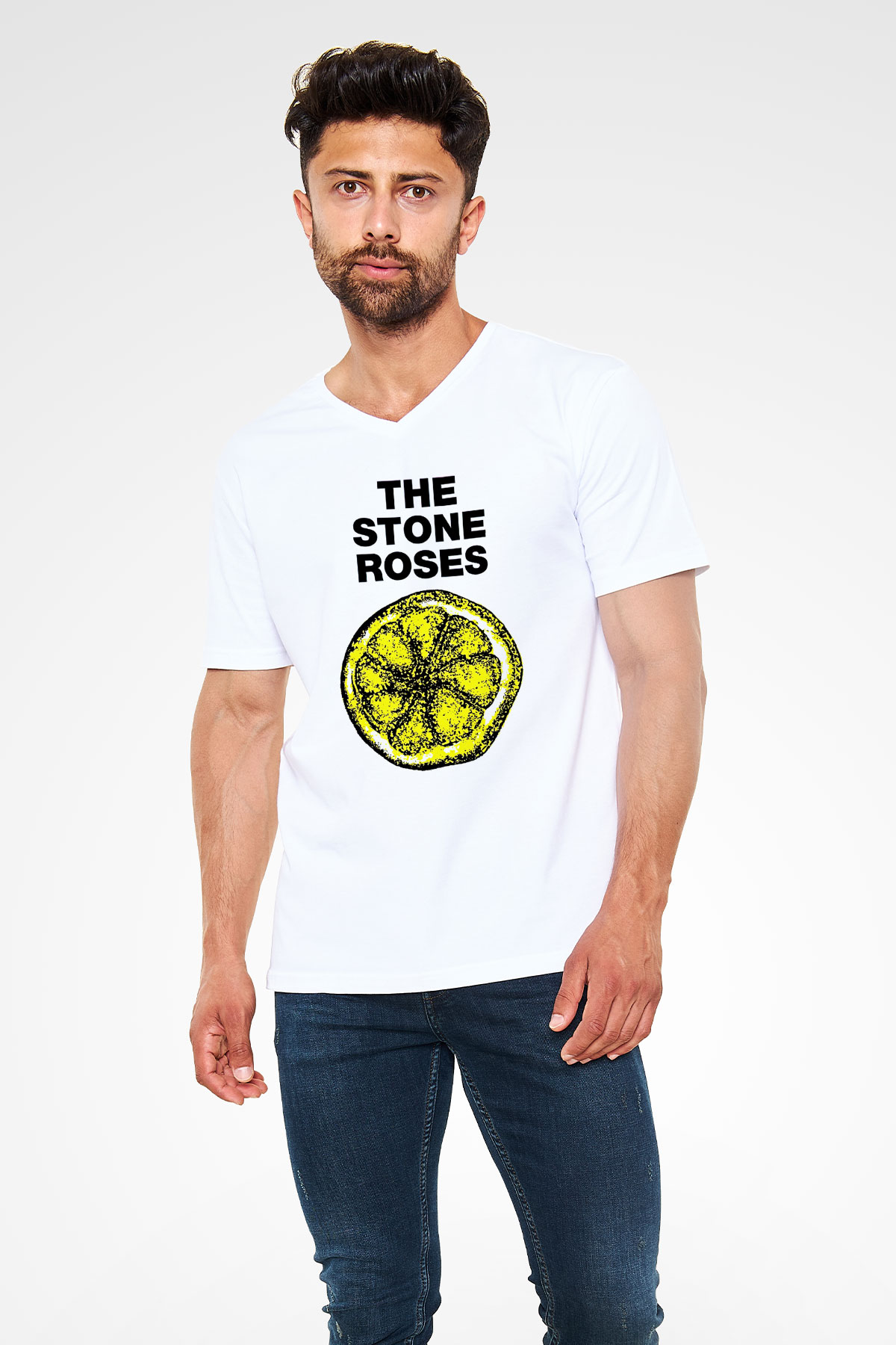Stone Roses Baskılı Beyaz Unisex V Yaka Tişört - Tshirt