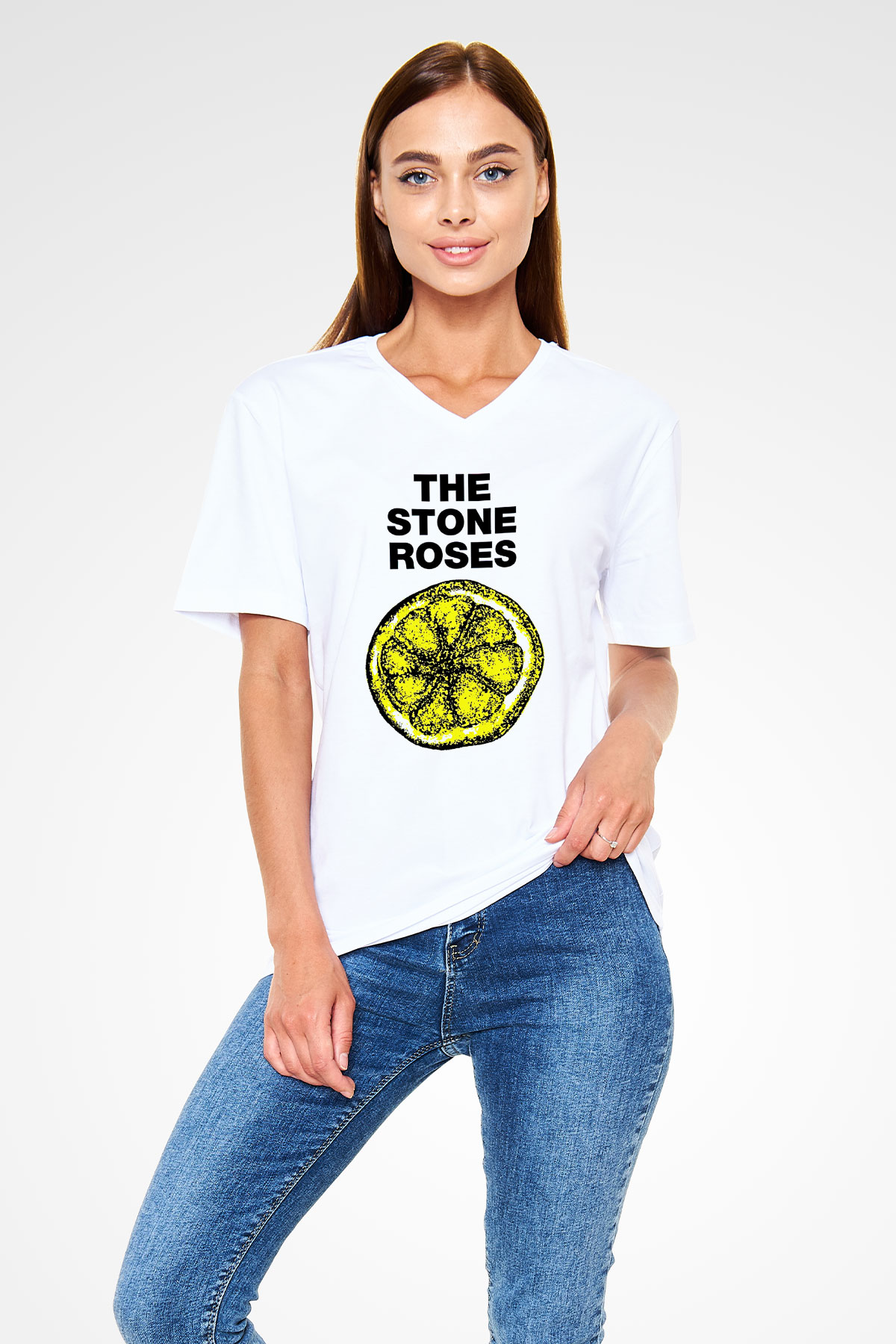 Stone Roses Baskılı Beyaz Unisex V Yaka Tişört - Tshirt