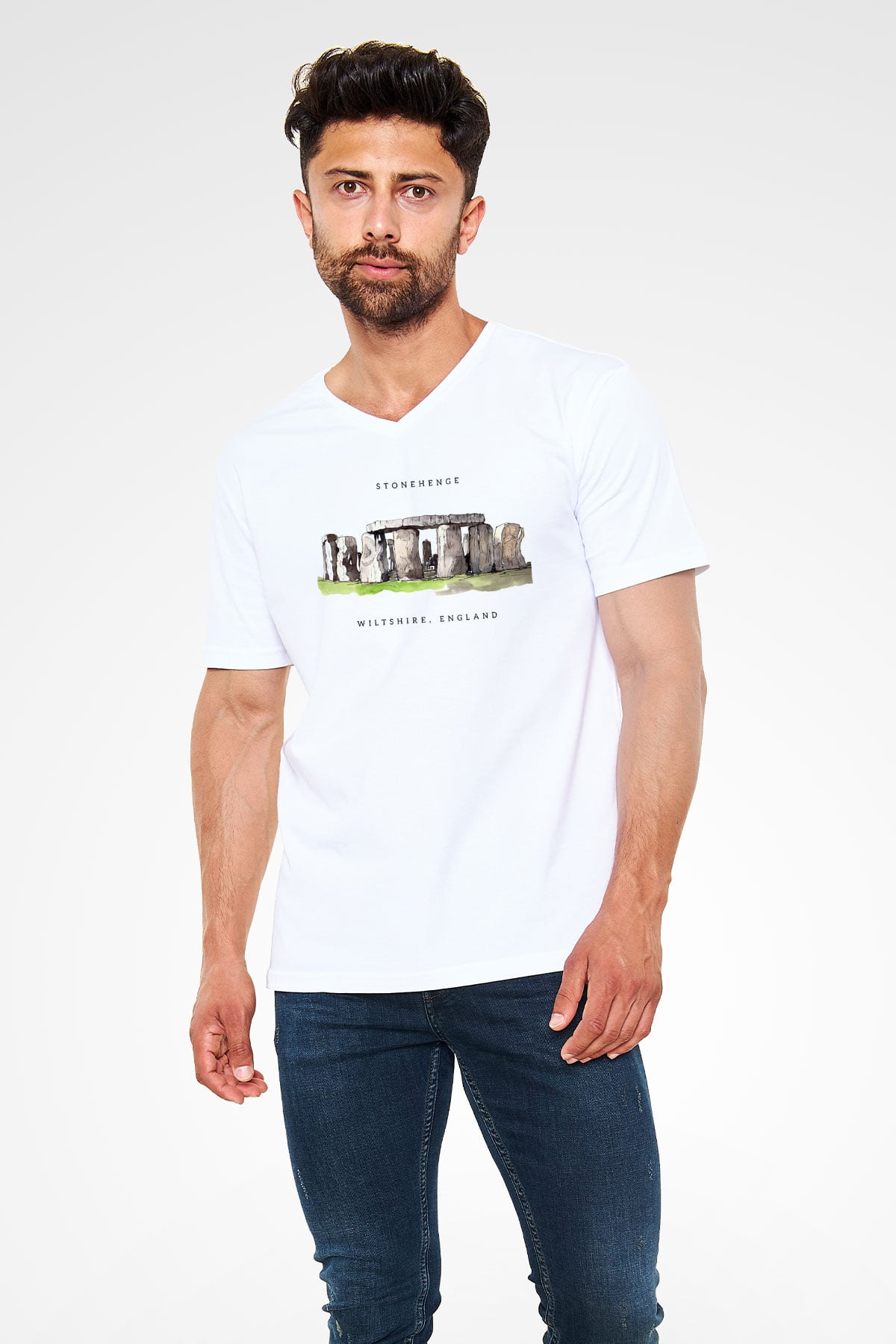 Stonehenge Beyaz Unisex V Yaka Tişört