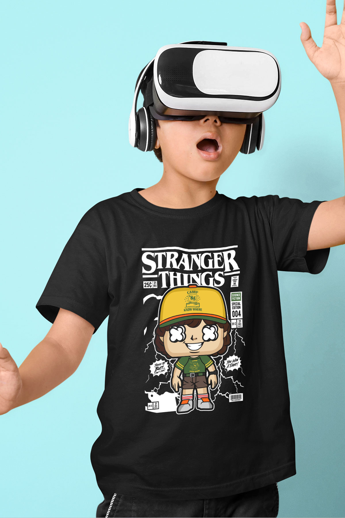 Stranger Things Baskılı Unisex Siyah Çocuk Tişört