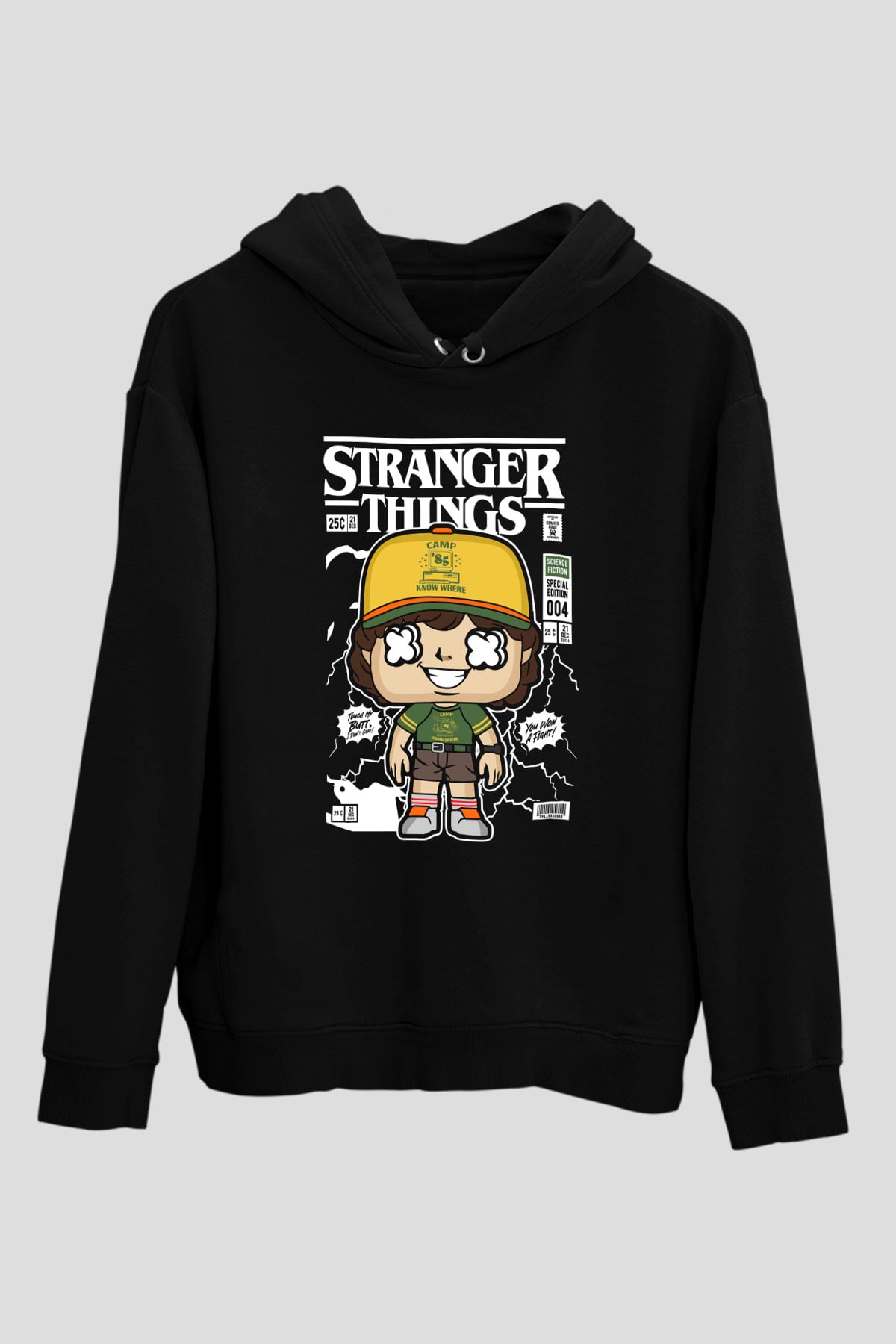 Stranger Things Baskılı Unisex Siyah Hoodie