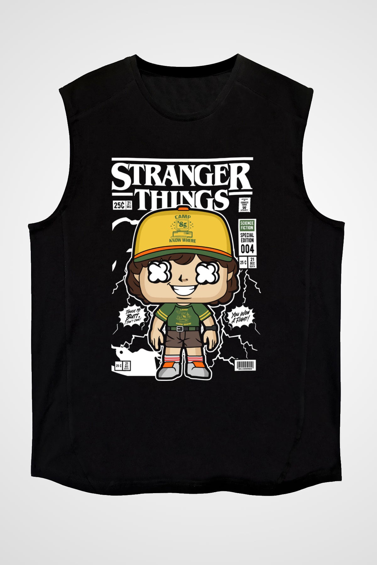 Stranger Things Baskılı Unisex Siyah Kolsuz Tişört