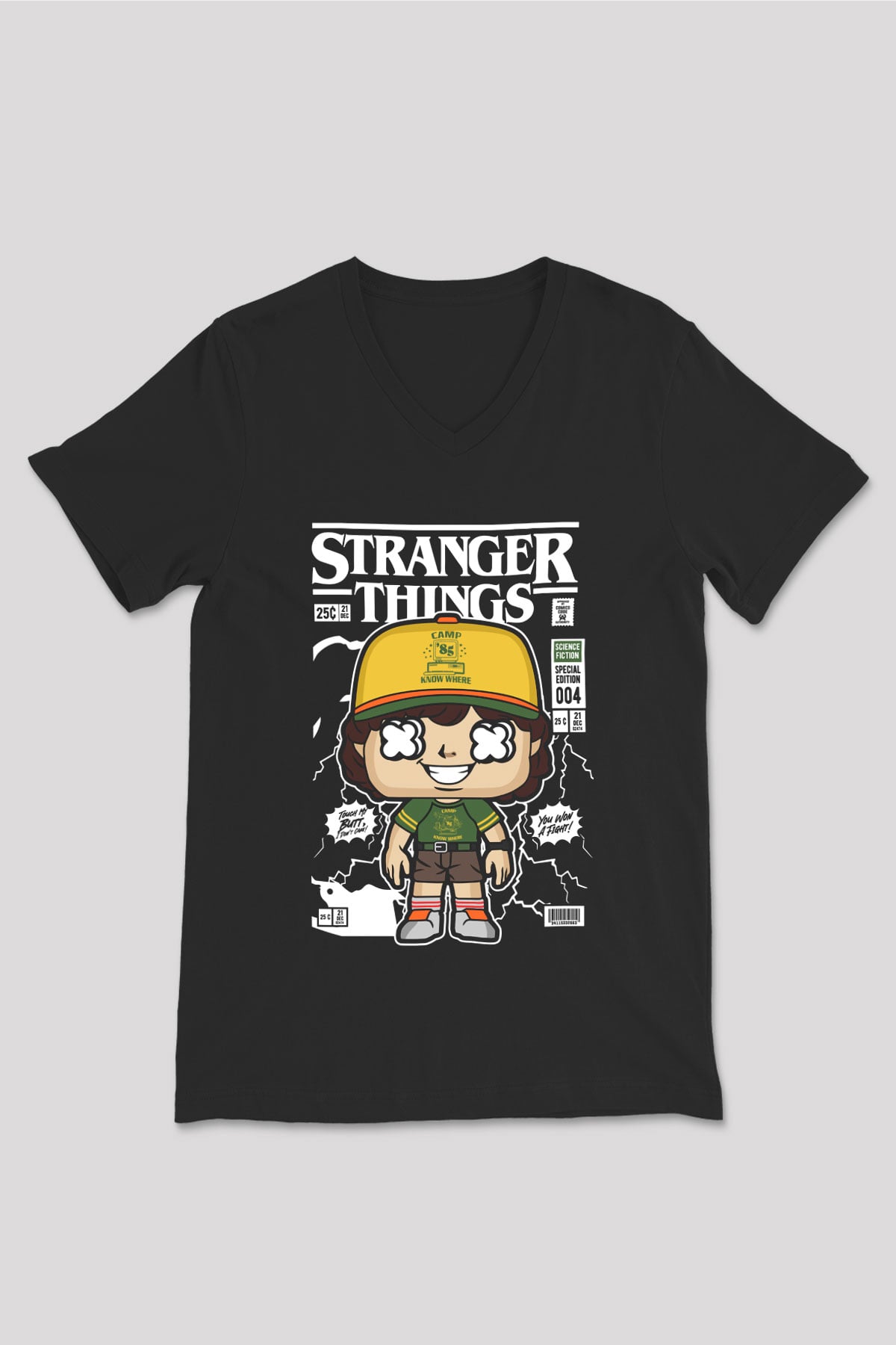 Stranger Things Baskılı Unisex Siyah V Yaka Tişört