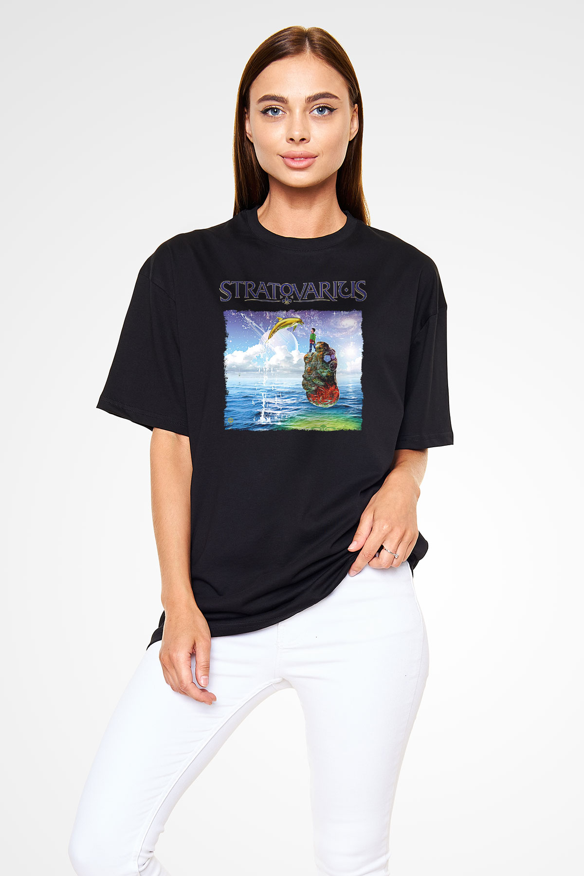 Stratovarius Baskılı Unisex Siyah Oversize Tişört - Tshirt