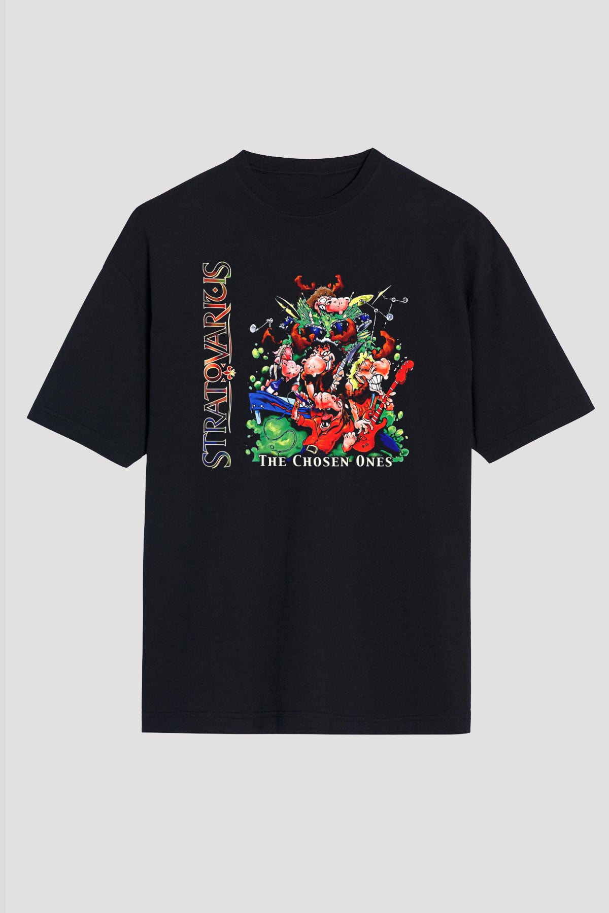 Stratovarius Baskılı Unisex Siyah Oversize Tişört - Tshirt