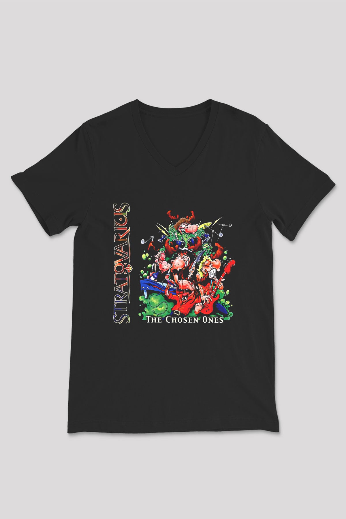 Stratovarius Baskılı Unisex Siyah V Yaka Tişört - Tshirt