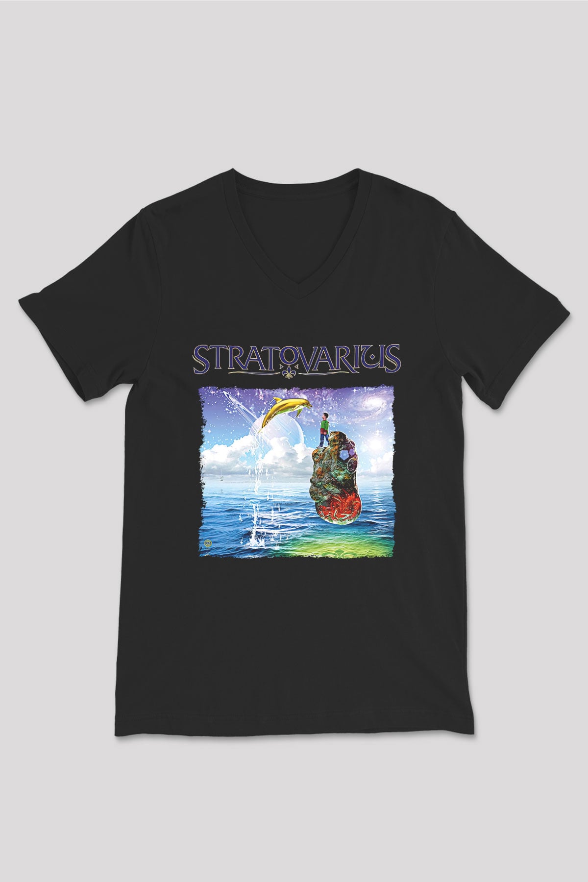Stratovarius Baskılı Unisex Siyah V Yaka Tişört - Tshirt