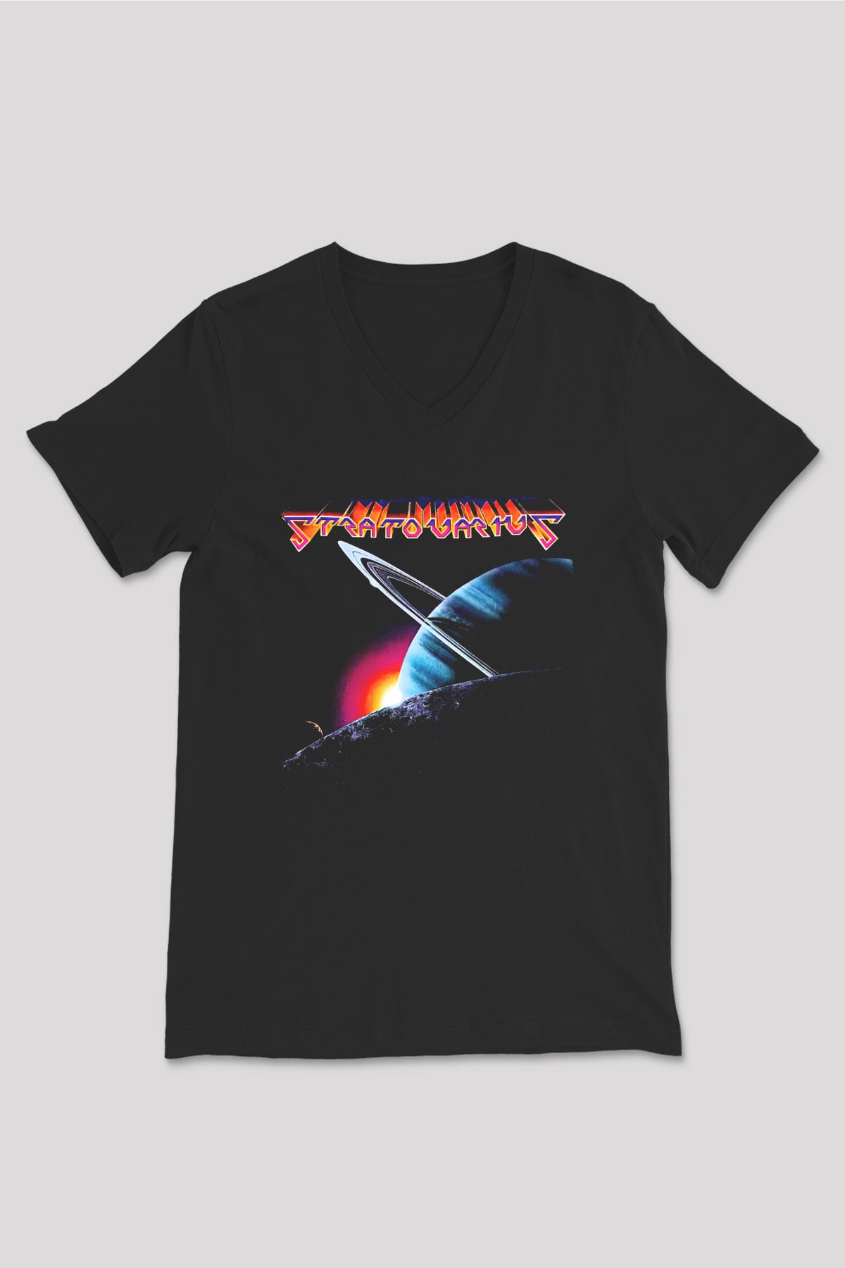 Stratovarius Baskılı Unisex Siyah V Yaka Tişört - Tshirt